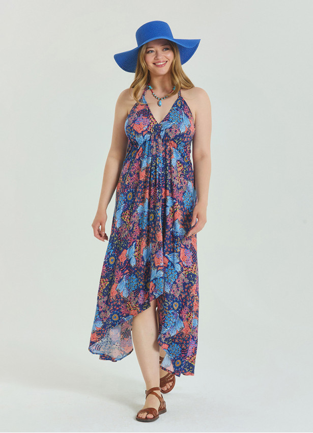 V Neck Backless Halter Neck Blue Plus Size Dress 4664